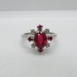 18ct white gold ruby and diamond cluster ring by Gallery and Abbey Crest size M 4.7g