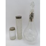 1x perfume decanter with silver collar and 2x silver lidded jars