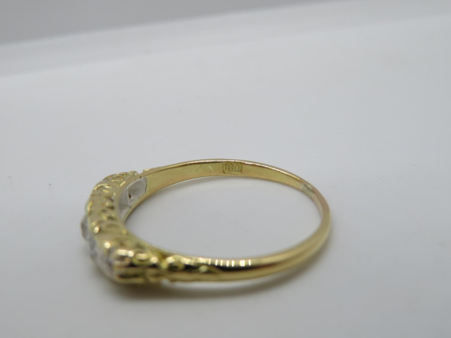 Victorian 18ct gold ring with carved shank set with 5x old cut diamonds approx .5ct size R 2.8g - Image 3 of 3