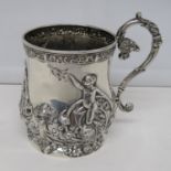 Walker and Hall HM silver Christening mug with cherubs and dove 200g