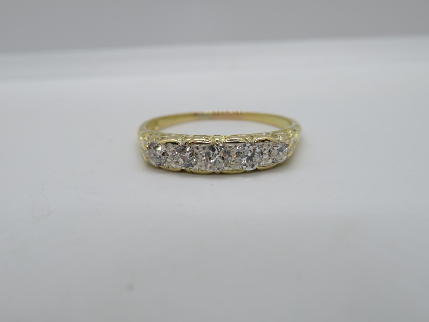 Victorian 18ct gold ring with carved shank set with 5x old cut diamonds approx .5ct size R 2.8g - Image 2 of 3