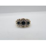 HM 9ct gold triple floret ring set with sapphires and diamonds size L 4g