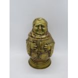 Heavy brass 7" Monk tobacco jar with detachable ash tray at feet - marked A. Klein MUSTER. SCHUTZ