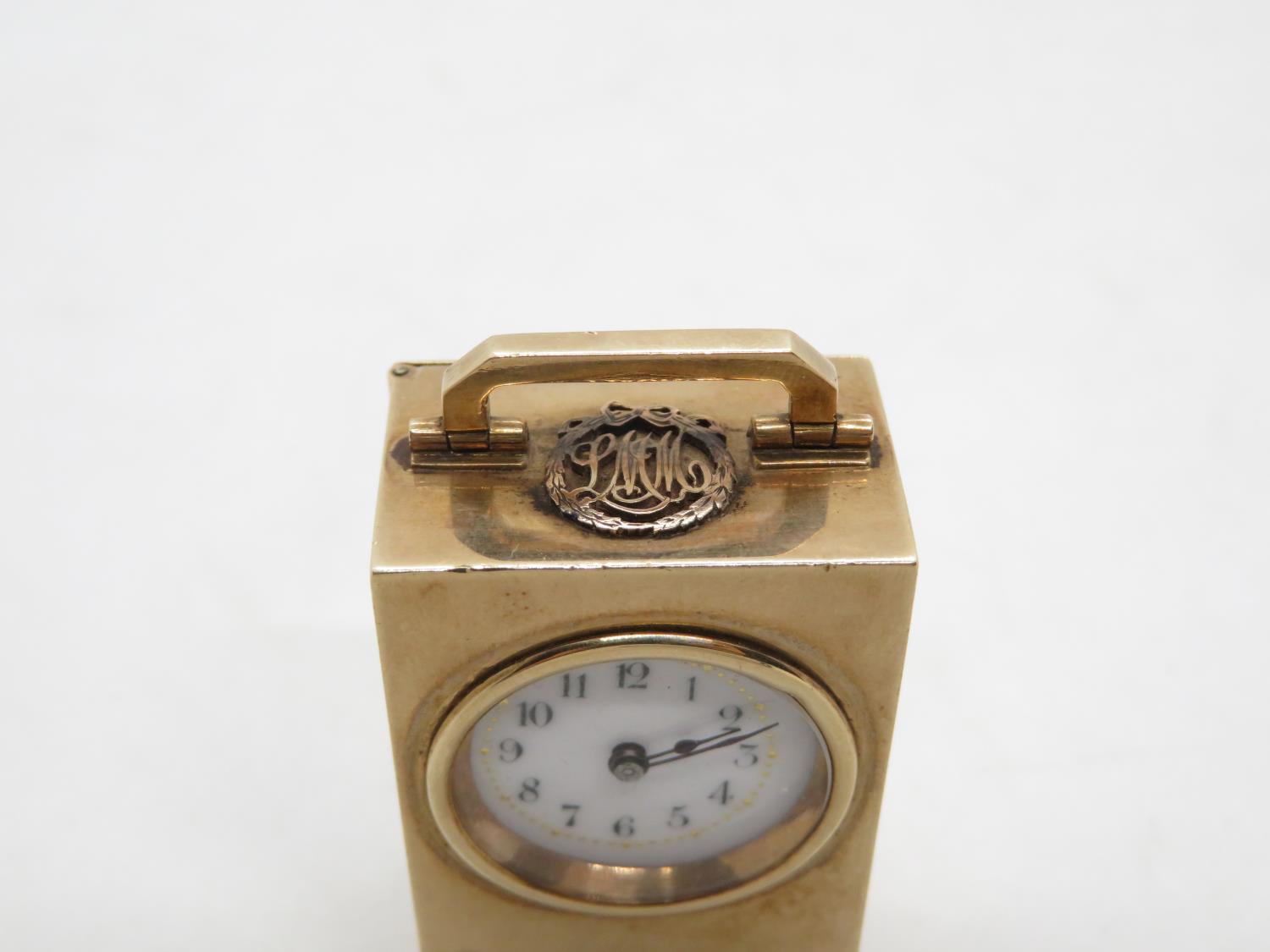 Miniature carriage clock 9ct gold HM E and S 375 London on an R - 54g - Bild 6 aus 8