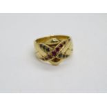 18ct gold puzzle ring size T with sapphires and rubies 11.7g