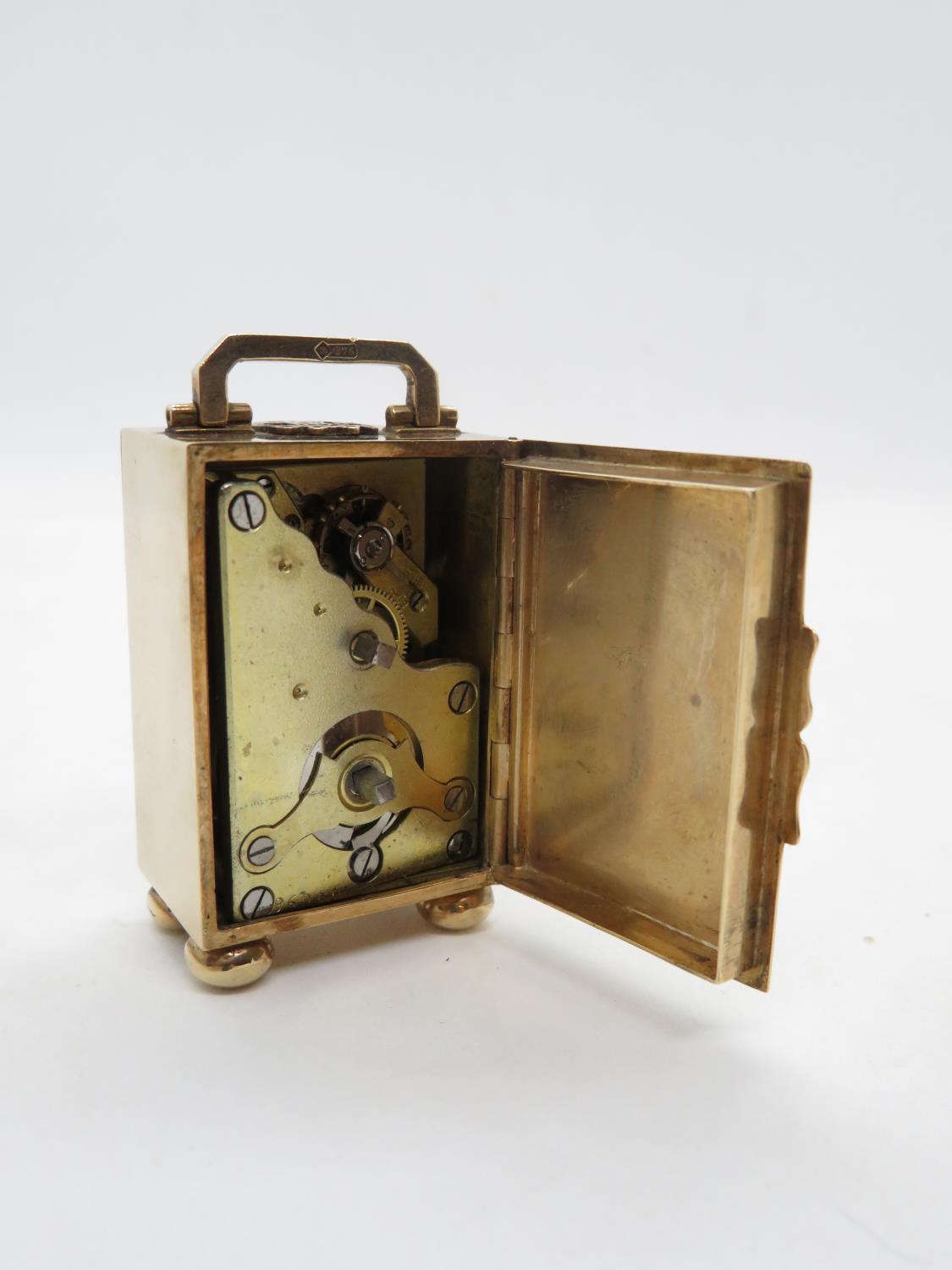 Miniature carriage clock 9ct gold HM E and S 375 London on an R - 54g - Bild 4 aus 8