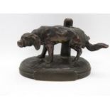 Bronze dog relieving itself against post 4.5" x 3.5" signed MATIDE