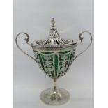 Silver lidded cup with green glass insert 9" full English HM 808g