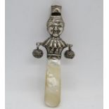 Mother of Pearl and silver Jester baby rattle and whistle