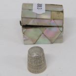 Small mother of pearl thimble box with silver thimble, spare mother of pearl pieces in box