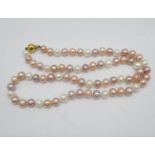 Pink mauve and white cultured pearl necklace 9ct gold clasp 18" long