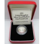 Royal Mint 1993 silver proof Piedfort £1.00 coin box and papers