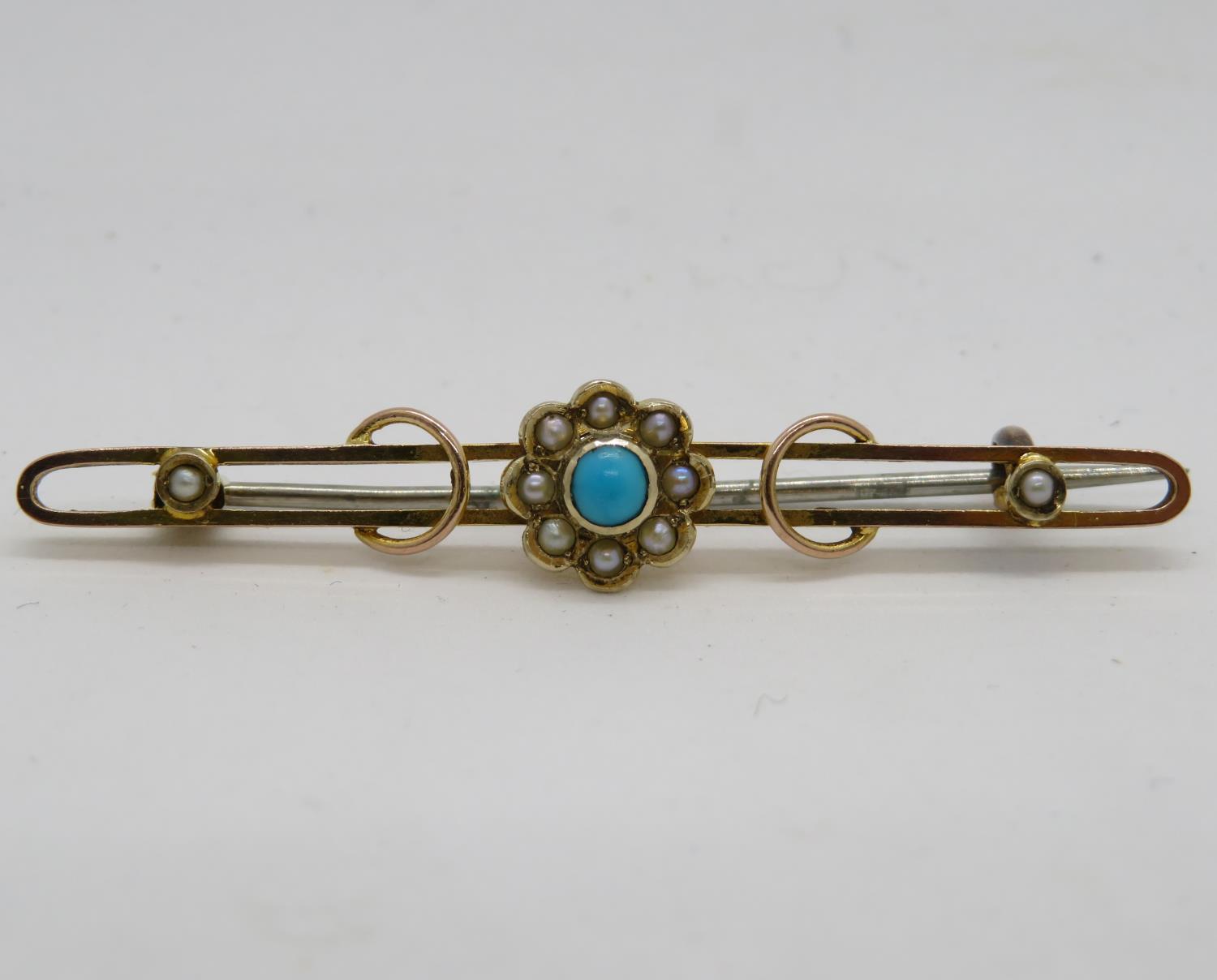 Victorian 9ct gold brooch with turquoise and pearls 2.1g