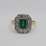 Art deco 18ct gold ring set with 1ct Columbian emerald and 12 brilliant cut diamonds size P