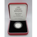 Royal Mint 1999 silver proof Piedfort £1.00 box and papers