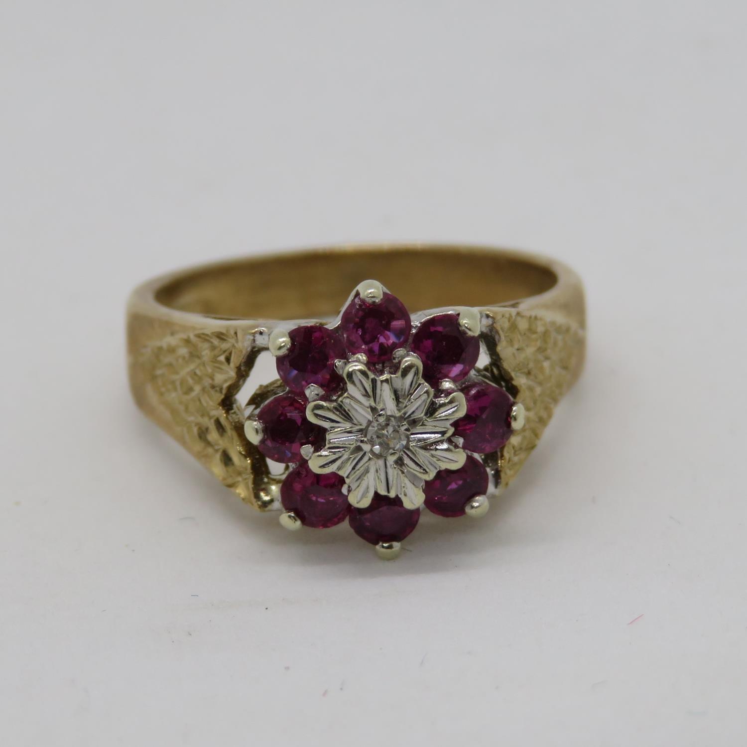 Ruby and diamond cluster ring HM 9ct gold with bark effect shoulders 3.5g size S