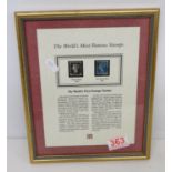 Framed Worlds first postage stamps - penny black and twopenny blue