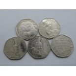Set of 5x 50p coins including Jemima Puddle duck
