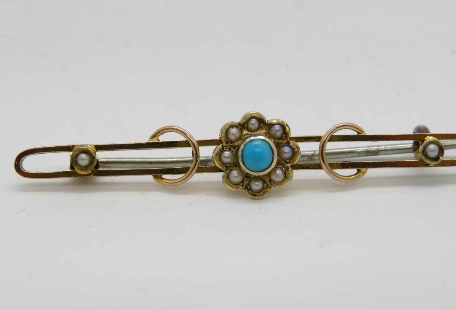 Victorian 9ct gold brooch with turquoise and pearls 2.1g - Image 2 of 2