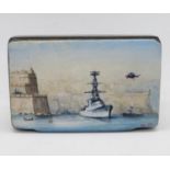 Papier Mache snuff box with later painting on front of Battleship