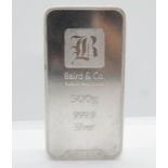 Mint condition Baird & Co 500g silver bullion bard with certificates