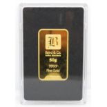 Baird and Co 50g 999.9 fine gold bullion bar in presentation case