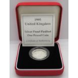 Royal Mint 1995 silver proof Piedfort £1.00 coin with box and papers