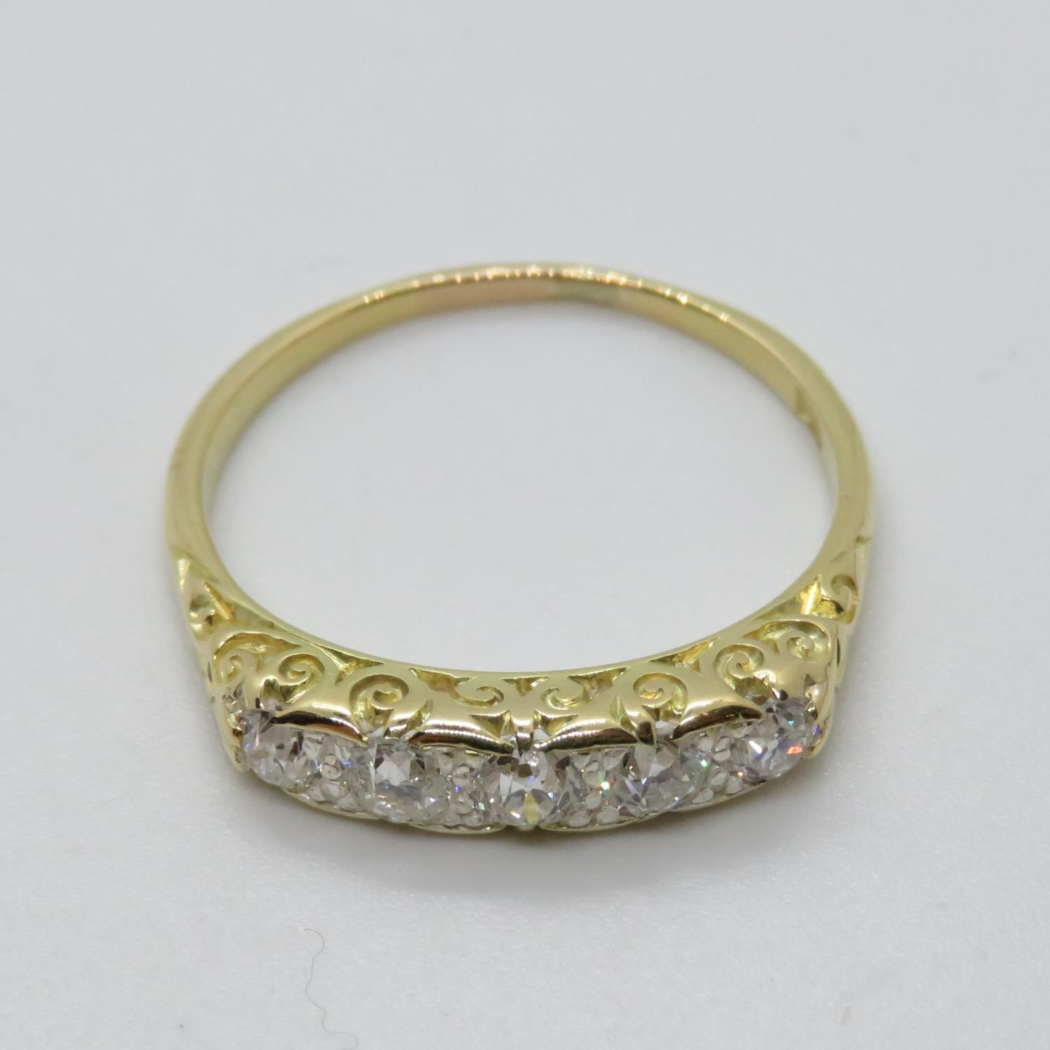 Victorian 18ct gold ring with carved shank set with 5x old cut diamonds approx .5ct size R 2.8g - Image 2 of 3