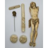 Early carved 5.5" ivory Jesus - arms missing - and some other small Scrimshaw pieces