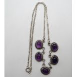 Vintage silver necklace set with 5x cabochon amethyst stones 16" 13g