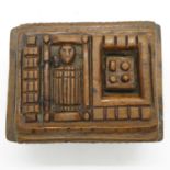 Highly carved early Treen wooden box with sliding Lid 3" x 2" - later poker work for 1843 but box is