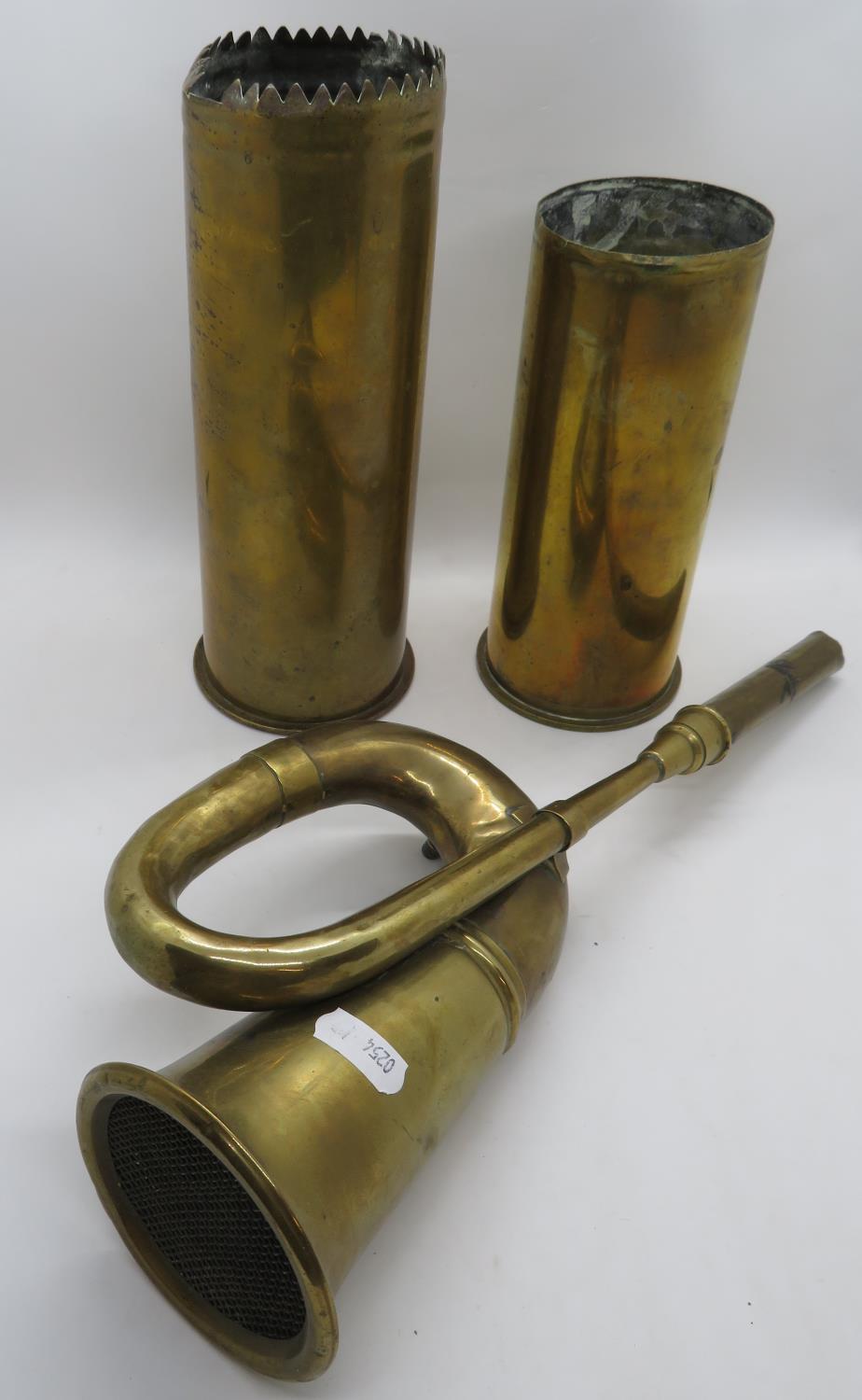 2x Trench Art shells from WWI and early brass car horn - fully working