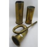 2x Trench Art shells from WWI and early brass car horn - fully working