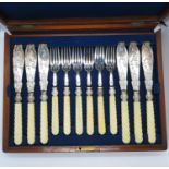 12 piece cutlery set highly embossed fish knives and forks with spiral ivory handles - wooden box