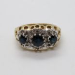 HM 9ct gold triple floret ring set with sapphires and diamonds size L 4g