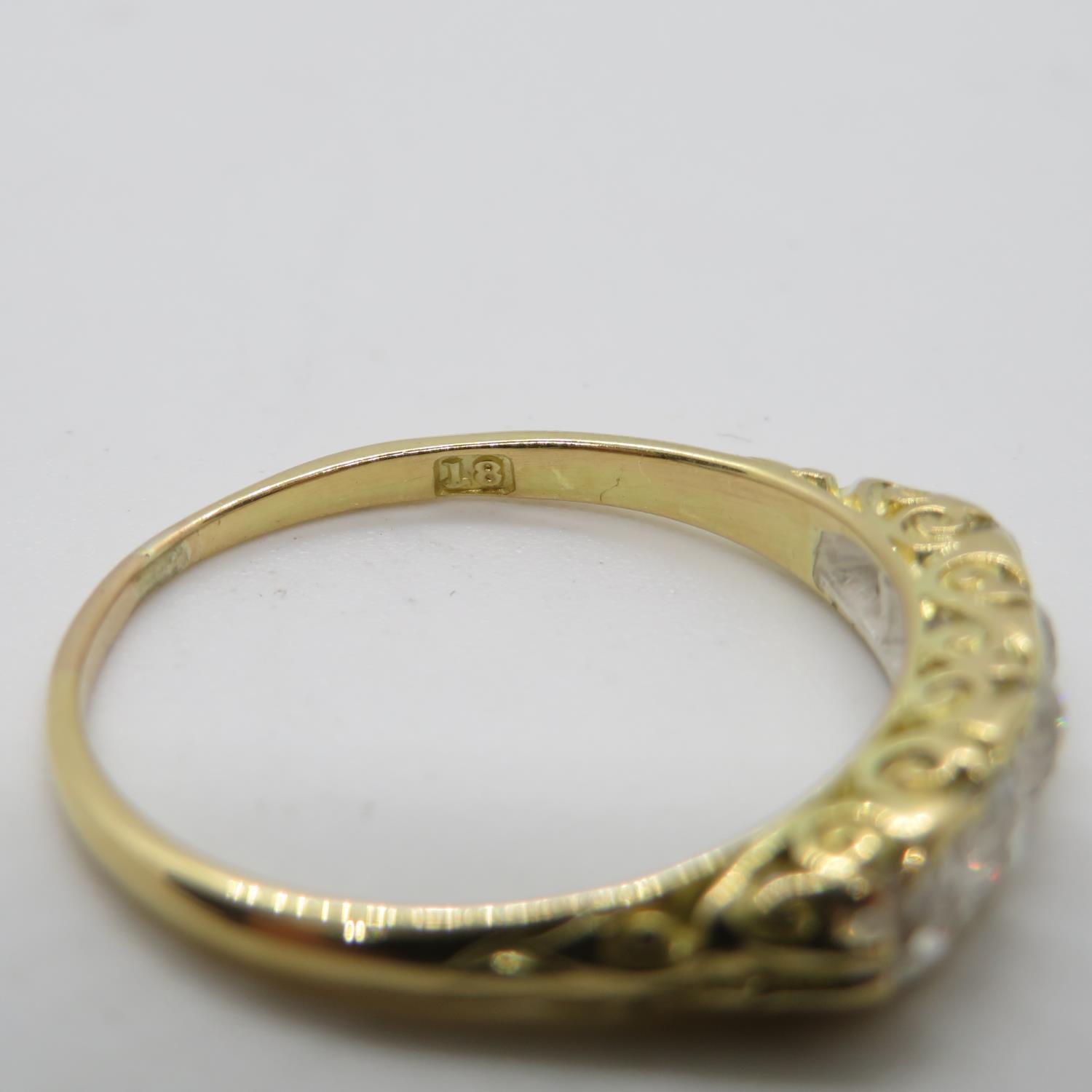 Victorian 18ct gold ring with carved shank set with 5x old cut diamonds approx .5ct size R 2.8g - Image 3 of 3