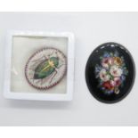 2x micro mosaic cartouches - 1x of a beetle and the other of flowers