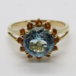 Fine quality 9ct gold ring set with sky blue and yellow topaz size Q+.5 4.3g