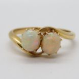 Boxed 18ct size R ring with 2x lustrous opals. 3.8g