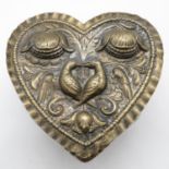 Silver heart tin heavily chased design of lovebirds and flowers. 207g