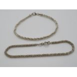 2x silver rope style bracelets 7.5" 10g