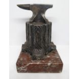 HM silver anvil on tree stump on marble plinth for watch or clock holder - excellent detail