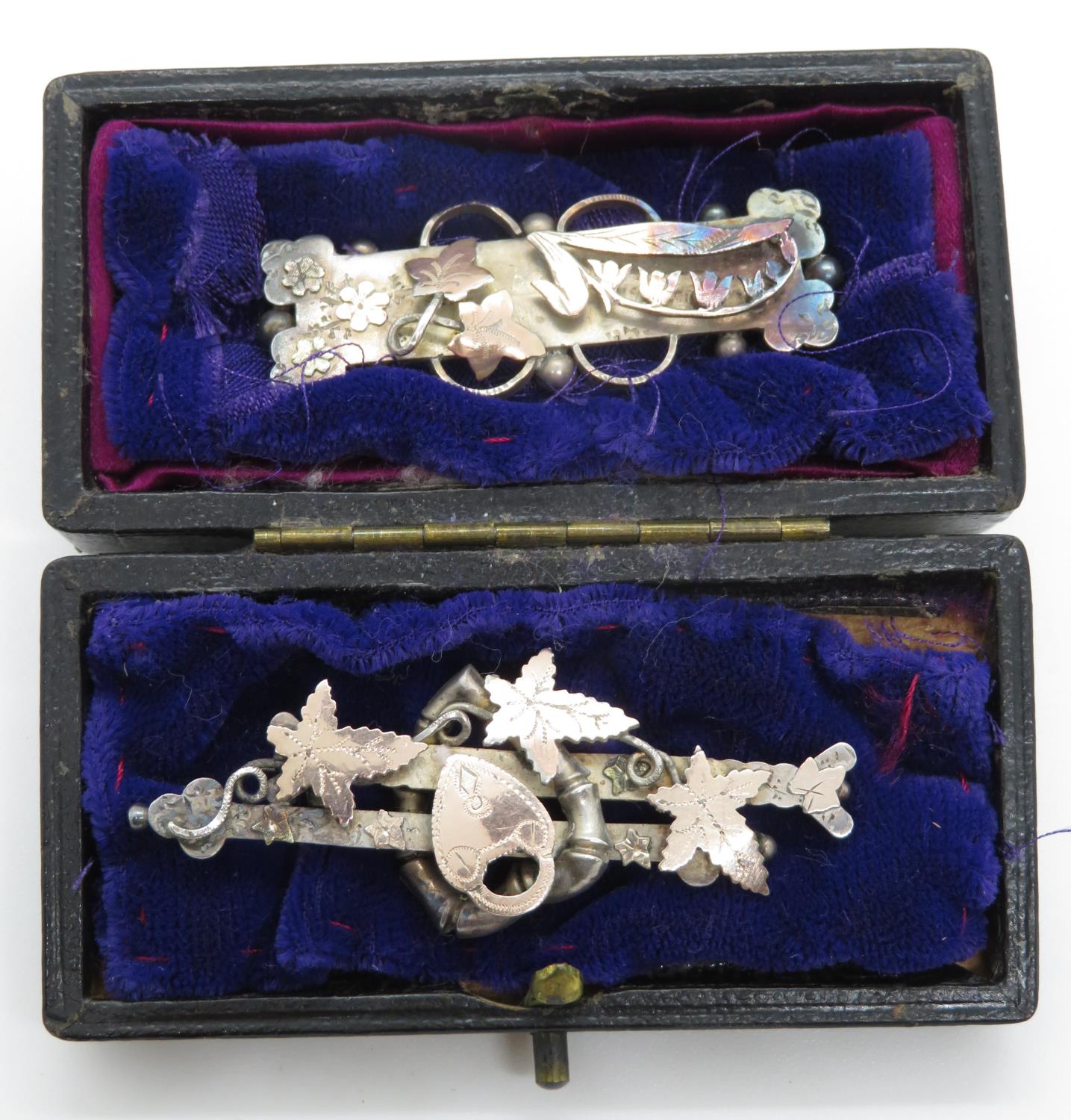 2x silver and gold MIZPAH brooches in leather case