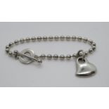 Tiffany style silver bracelet with heart appendage 15.9g