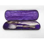 Pair of boxed fish knife and fish fork with banded agate handles