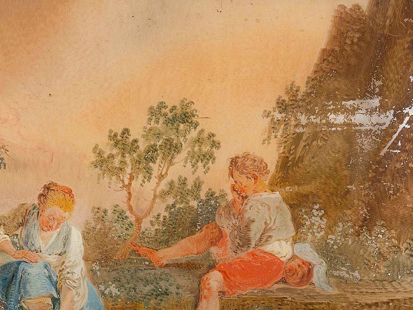 Children By the River, Reverse Glass Painting, French, 18th C. - Image 4 of 9