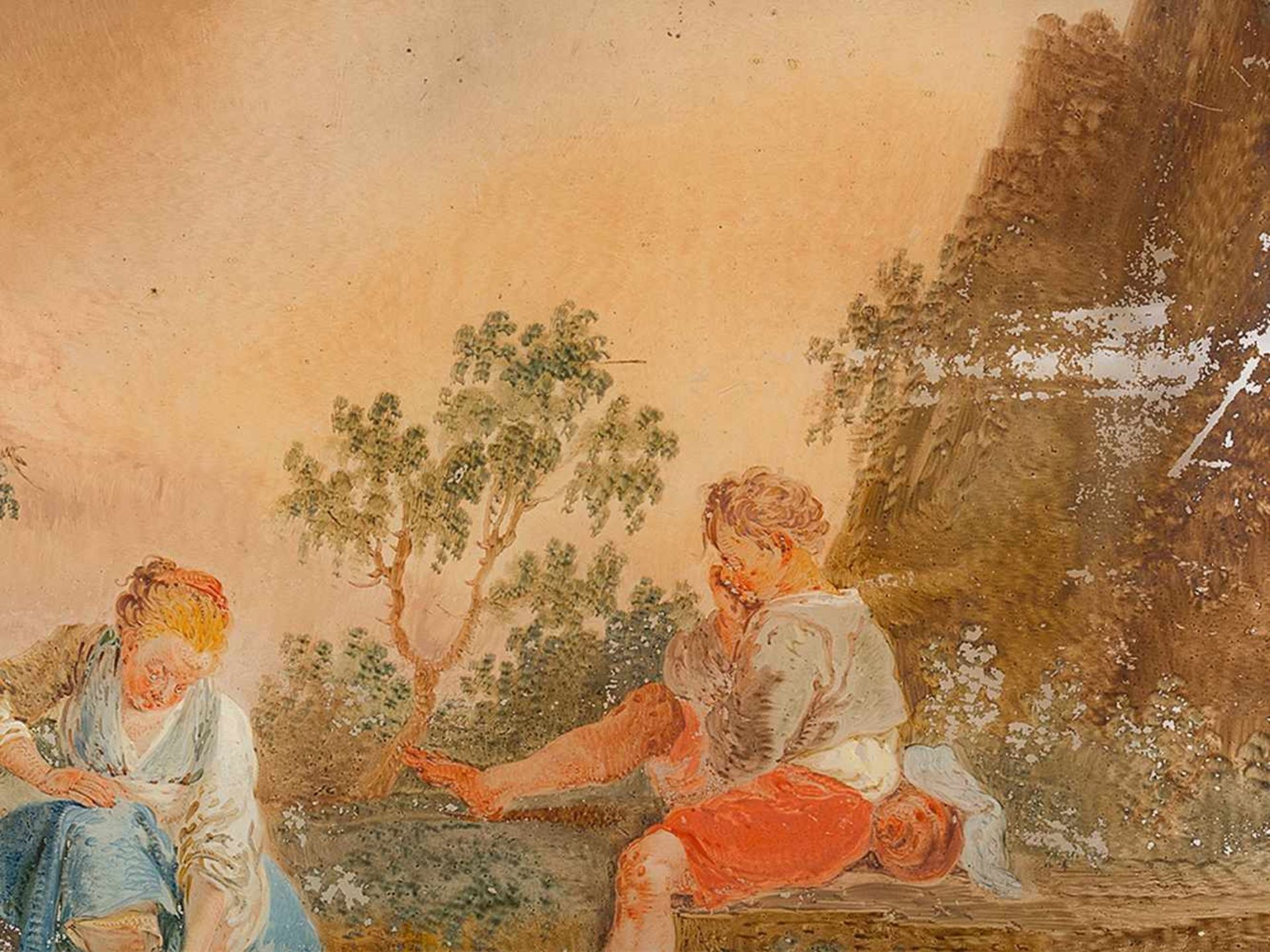Children By the River, Reverse Glass Painting, French, 18th C. - Bild 4 aus 9