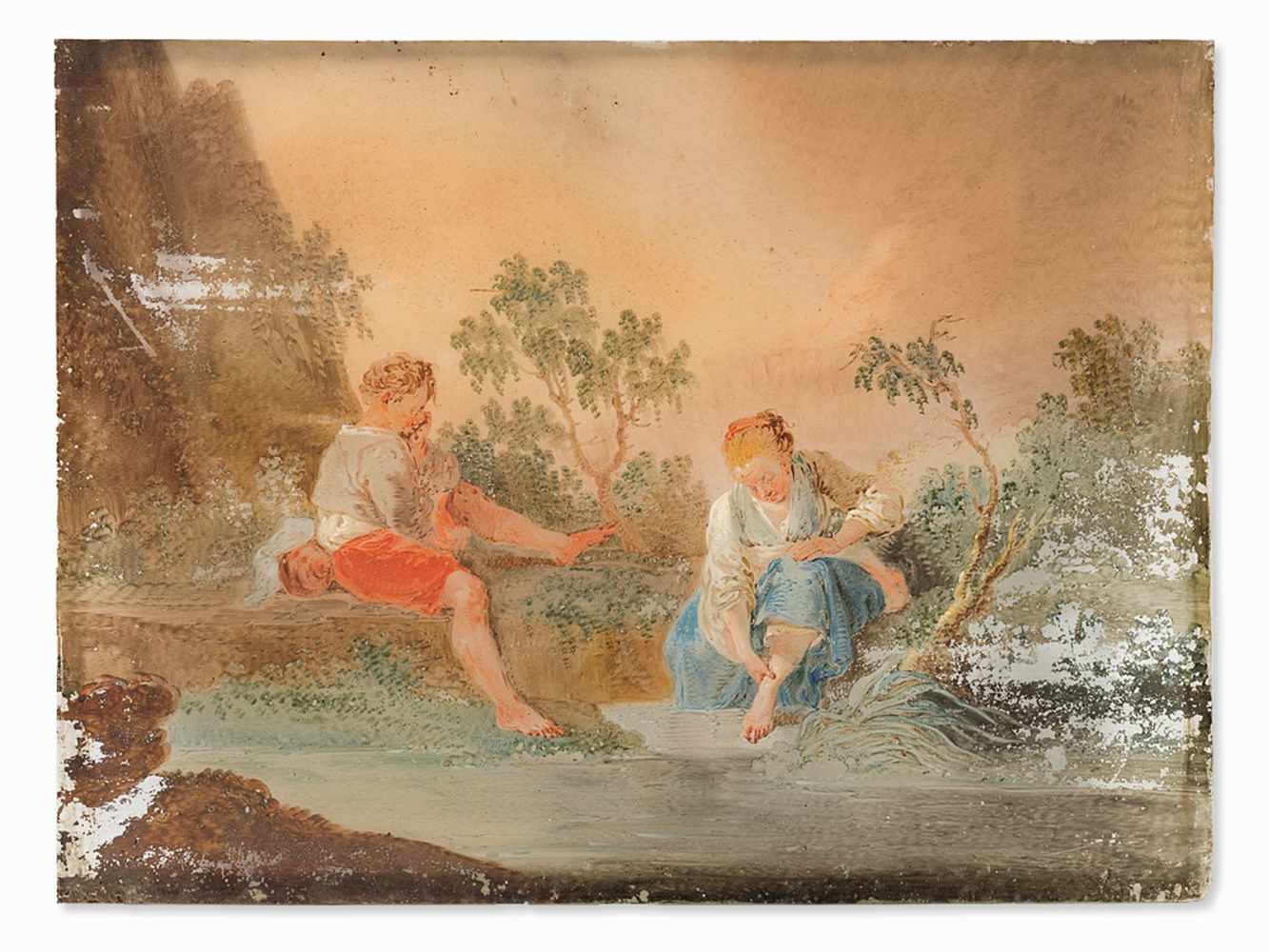Children By the River, Reverse Glass Painting, French, 18th C. - Image 8 of 9