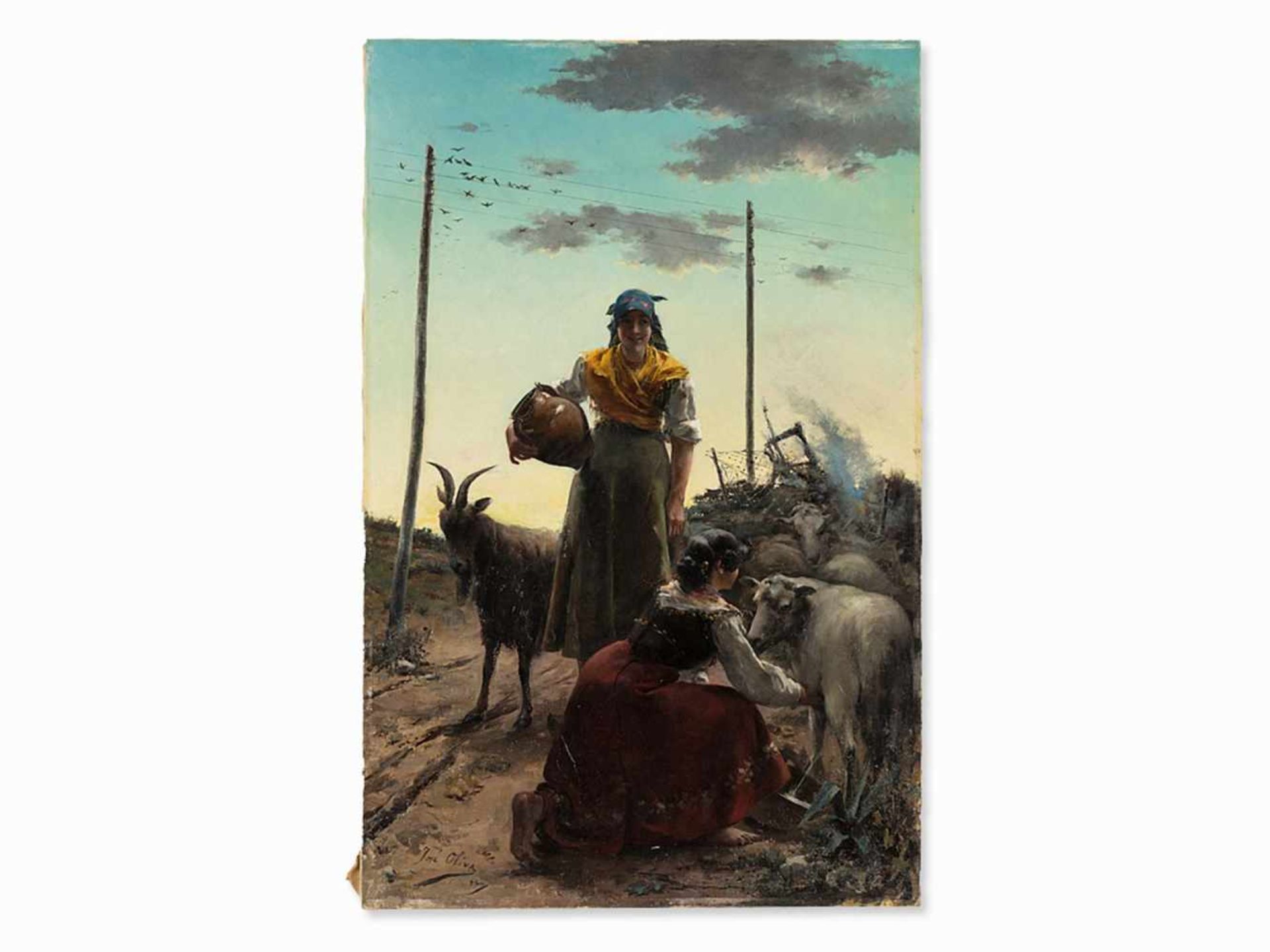 José Oliva Rodrigo (c. 1855-?), Two Shepherdesses, Oil, 1886 < - Bild 3 aus 6