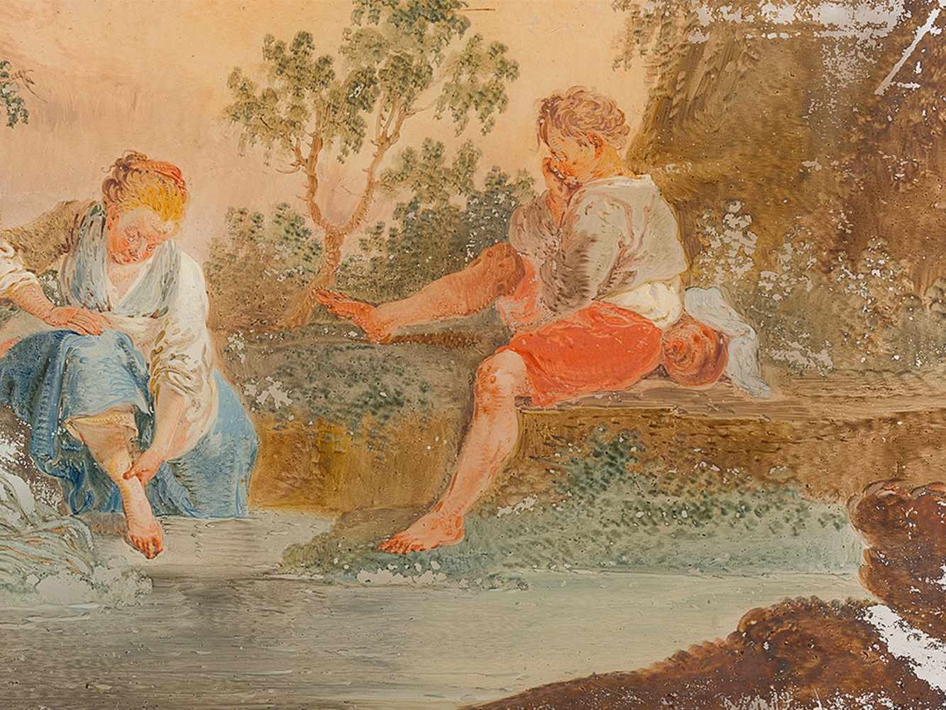 Children By the River, Reverse Glass Painting, French, 18th C. - Image 5 of 9